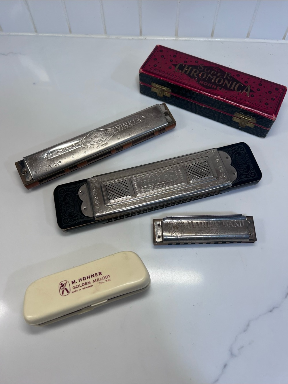 Vintage Harmonica Lot Of 5 Brohm And Hohner’s Super Chromonic Marine And More
